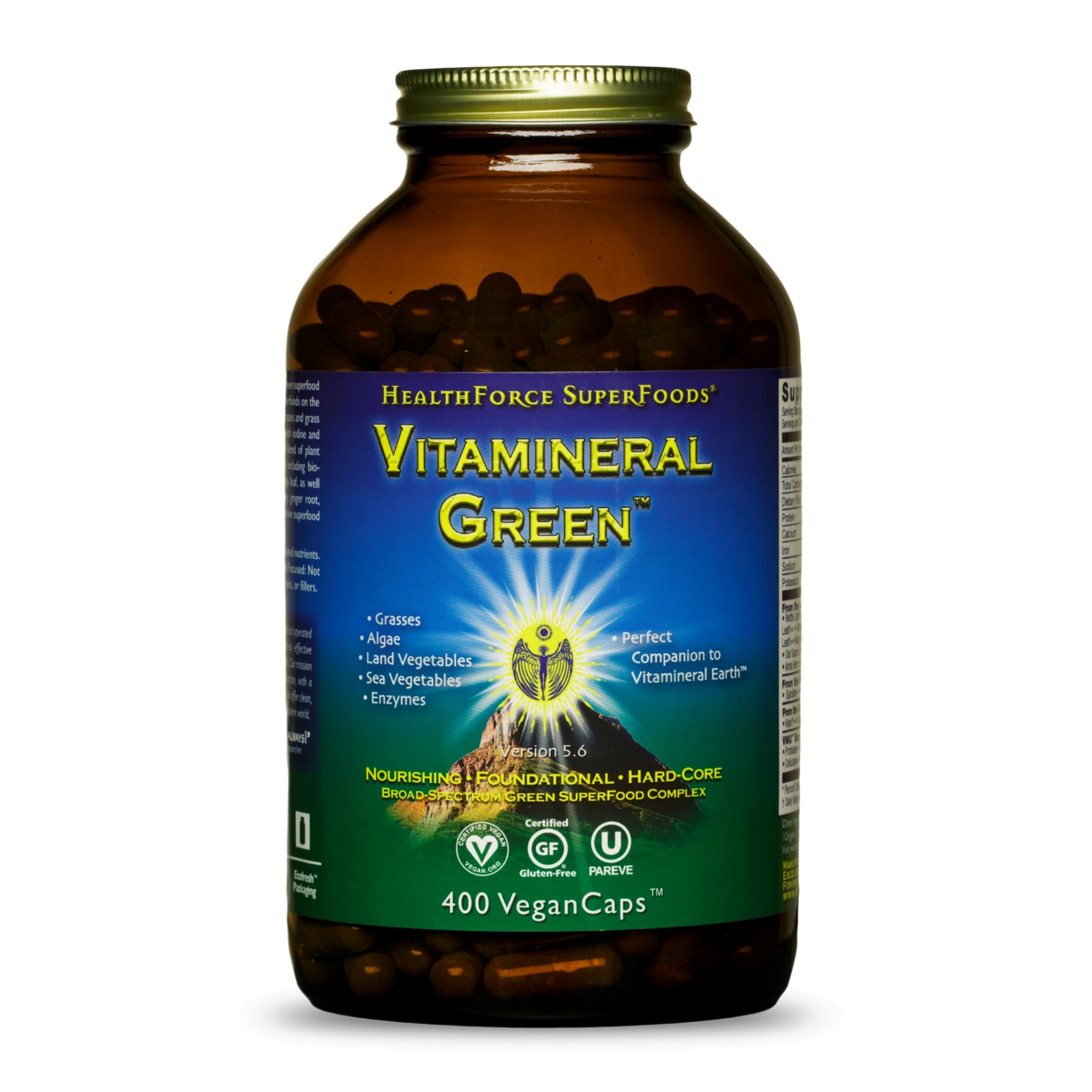 HealthForce SuperFoods Vitamineral Green - Mineral Supplement for Immune & Thyroid Support - Green Powder Supplement with Ingredients from The Land - Gluten-Free & Vegan - 400 Capsules