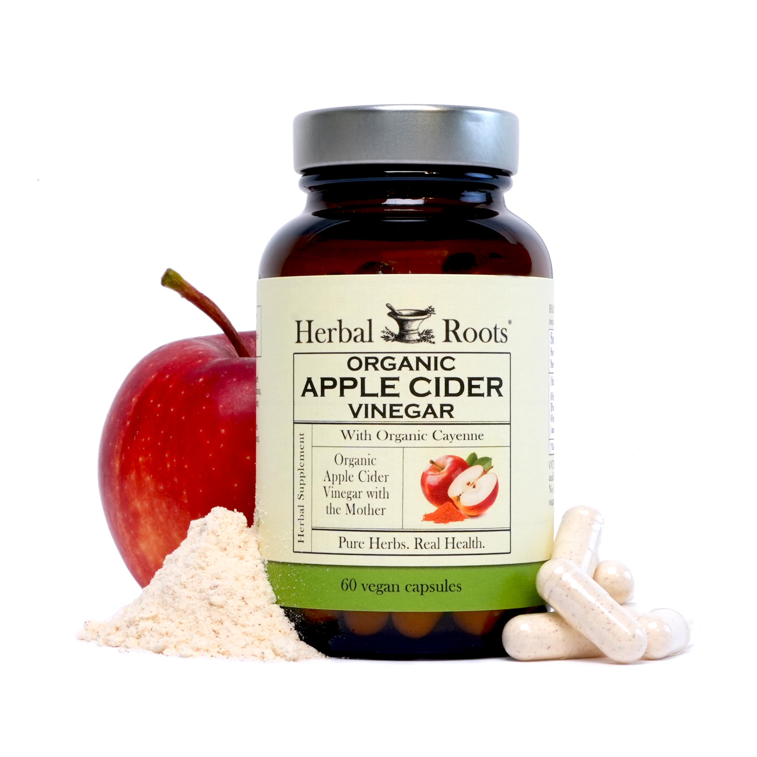 Herbal Roots Organic Apple Cider Vinegar Capsules with Mother and Organic Cayenne | 650 mg | 60 Vegan Capsules