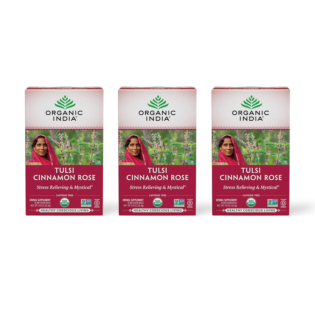 ORGANIC INDIA Tulsi Cinnamon Rose Tea Bags - Tulsi Rose Tea Bags Cinnamon Tea Bags w/ Holy Basil Chamomile Caffeine Free - 18 Infusion Bags 3 Pack