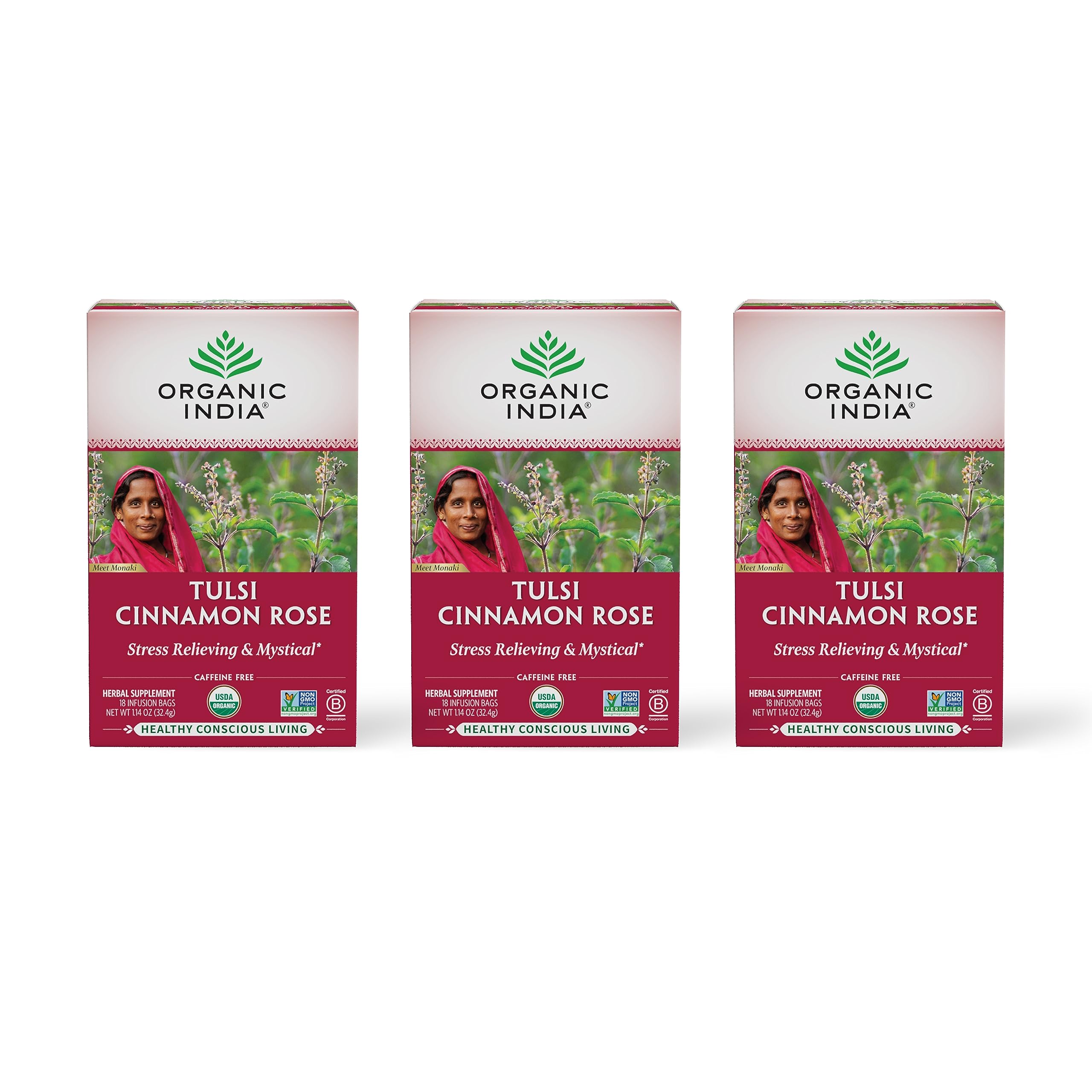 ORGANIC INDIA Tulsi Cinnamon Rose Tea Bags - Tulsi Rose Tea Bags Cinnamon Tea Bags w/ Holy Basil Chamomile Caffeine Free - 18 Infusion Bags 3 Pack