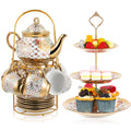 Maxcheck 21 Pcs Tea Party Set for Adults European Floral Tea Set with Metal Holder and 3 Tier Ceramic Cake Stand Porcelain Tea Set Flower Tea Cup Teapot Set for Dessert Cupcake(Stylish Style)