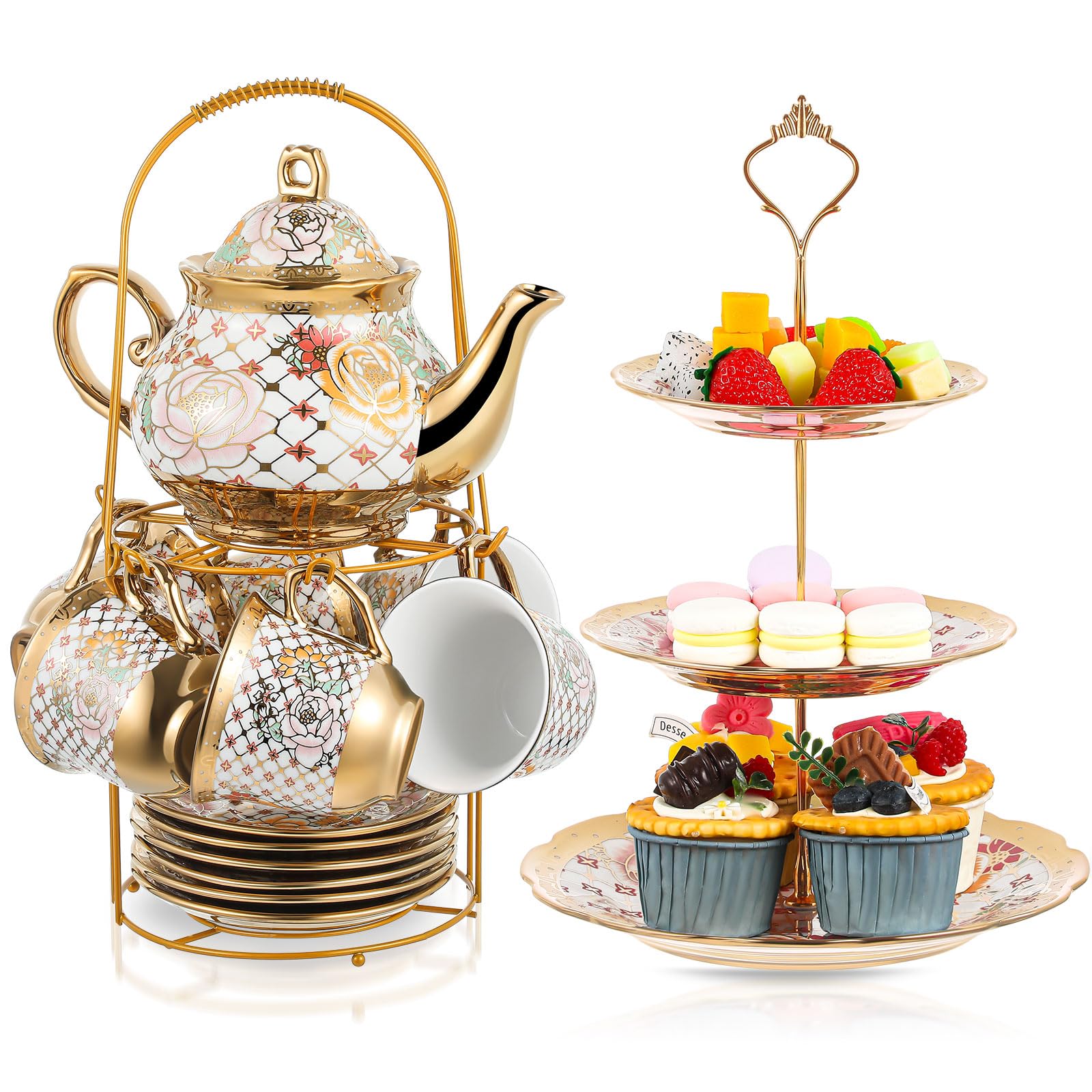 Maxcheck 21 Pcs Tea Party Set for Adults European Floral Tea Set with Metal Holder and 3 Tier Ceramic Cake Stand Porcelain Tea Set Flower Tea Cup Teapot Set for Dessert Cupcake(Stylish Style)