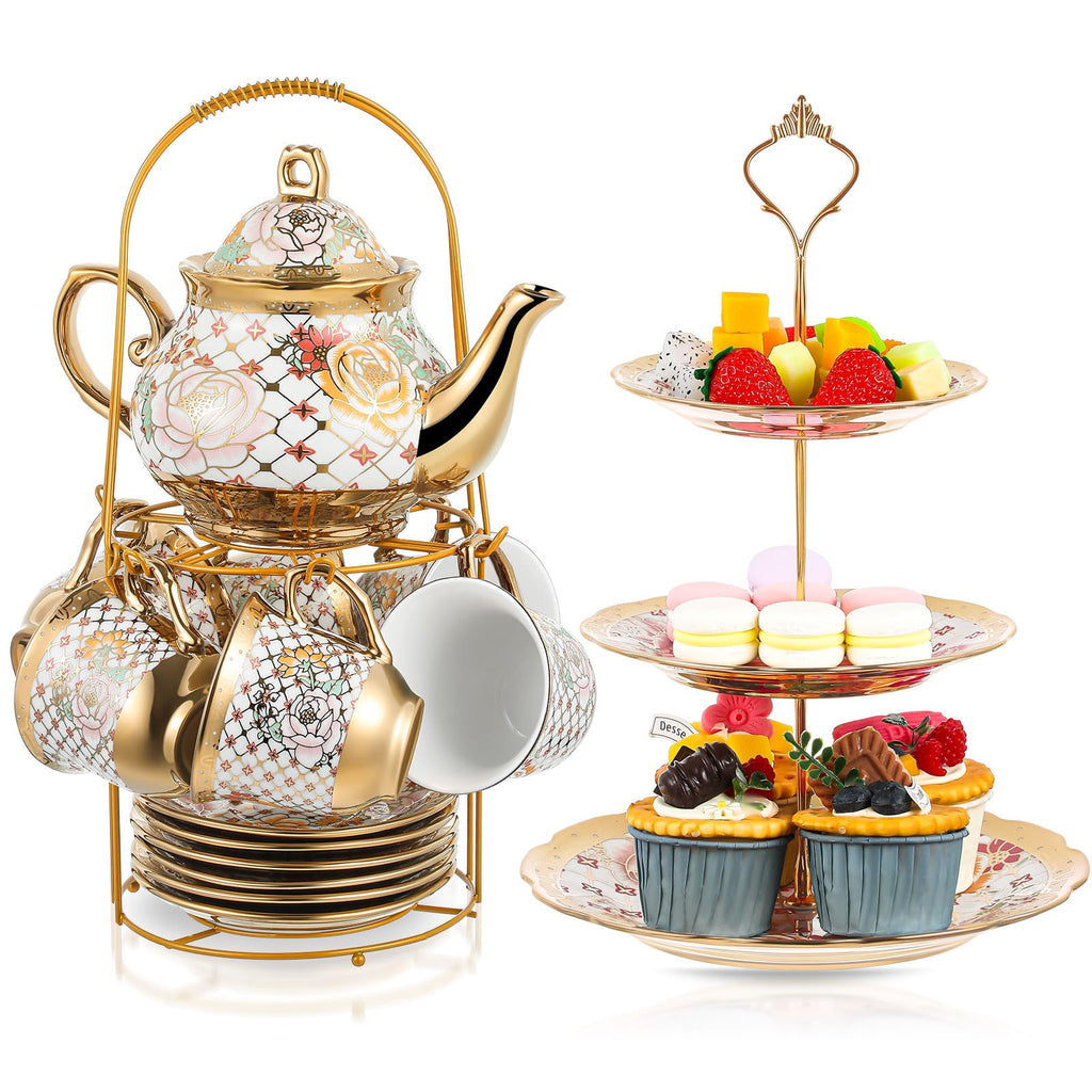 Maxcheck 21 Pcs Tea Party Set for Adults European Floral Tea Set with Metal Holder and 3 Tier Ceramic Cake Stand Porcelain Tea Set Flower Tea Cup Teapot Set for Dessert Cupcake(Stylish Style)