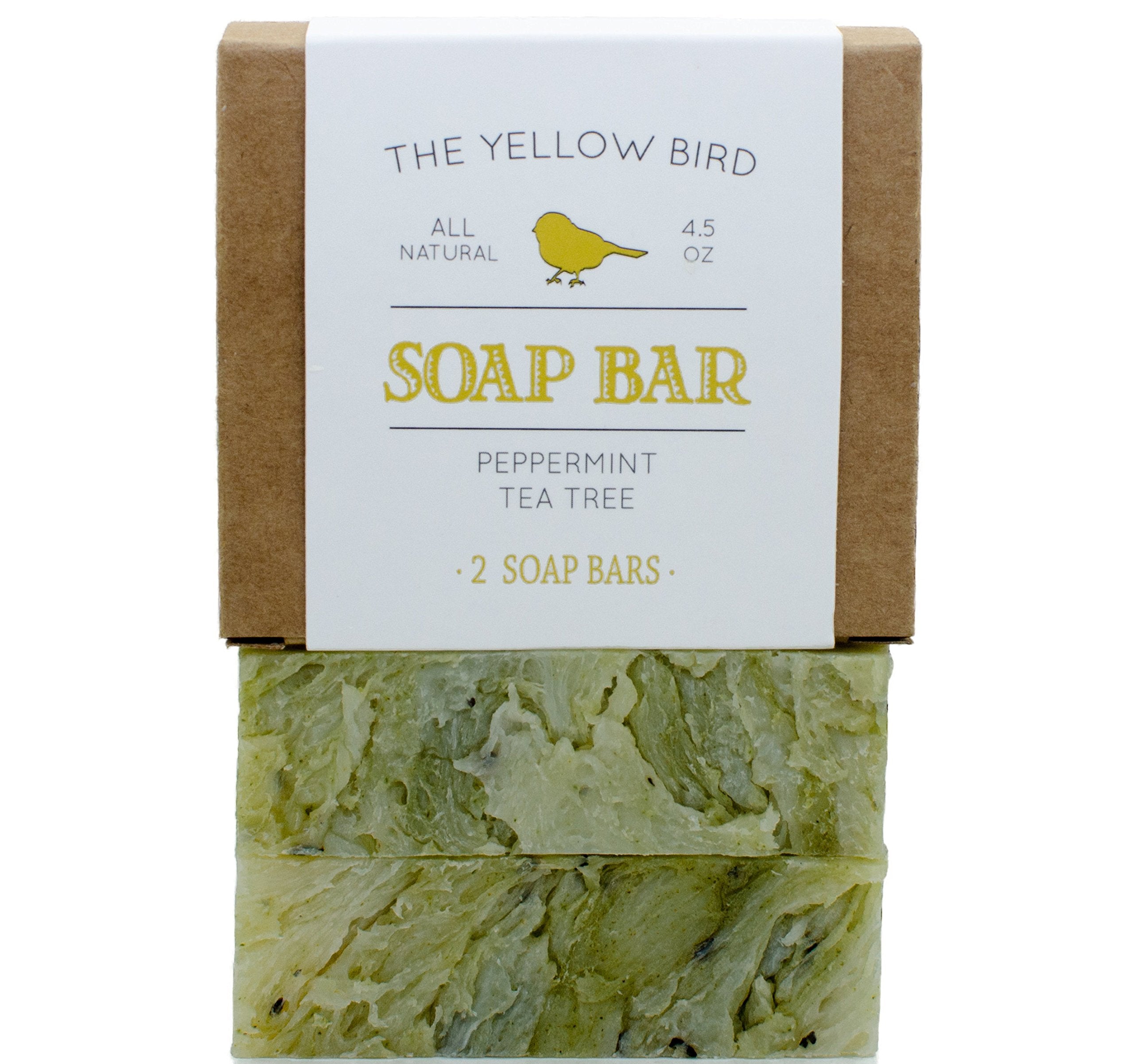 The Yellow Bird Peppermint Soap Bar with Tea Tree Oil - Handmade in USA with Natural Organic Vegan Ingredients (2 Bar Pack)