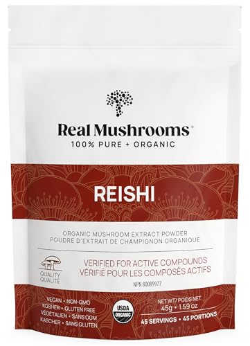 Real Mushrooms Reishi Powder - Organic Mushroom Extract Supplement with Potent Red Reishi Mushroom for Energy - Vegan Mushroom Supplement Non-GMO 45 Servings