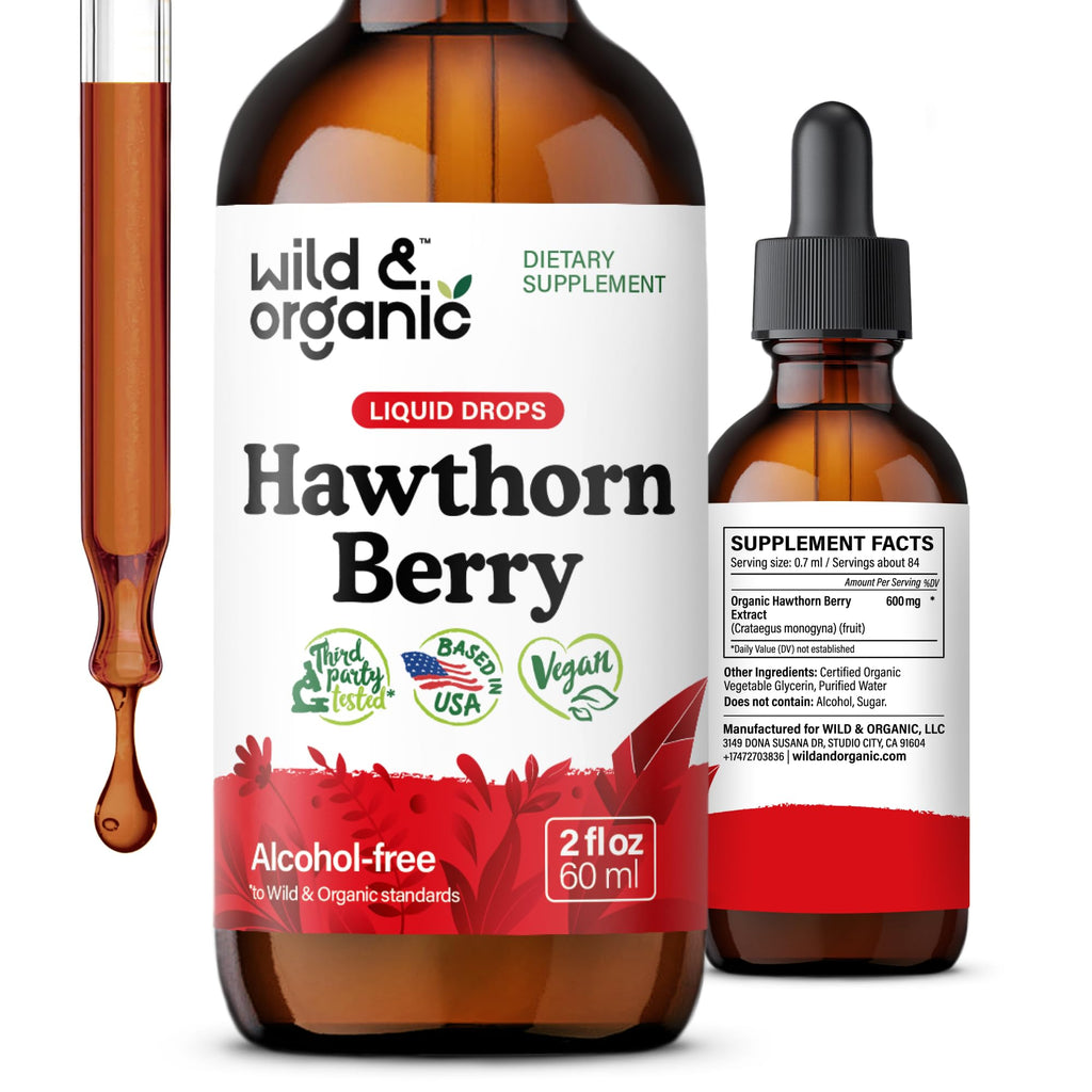 Wild & Organic Hawthorn Berry Extract Drops 600 mg - Liquid Hawthorne Supplement for Overall Support - Vegan Sugar & Alcohol-Free Herb Tincture - 2 fl oz
