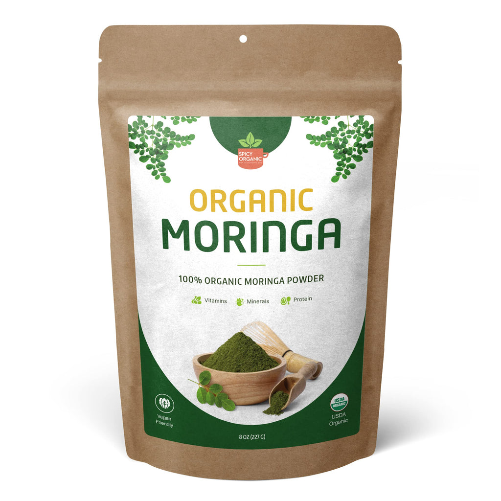 SPICY ORGANIC Green Moringa Superfood Powder 8 oz. - 100% Pure Moringa Oleifera Leaf Powder for Tea and Hair Nutrient-Rich Energy Booster - Certified USDA Organic Non-GMO and Raw from India