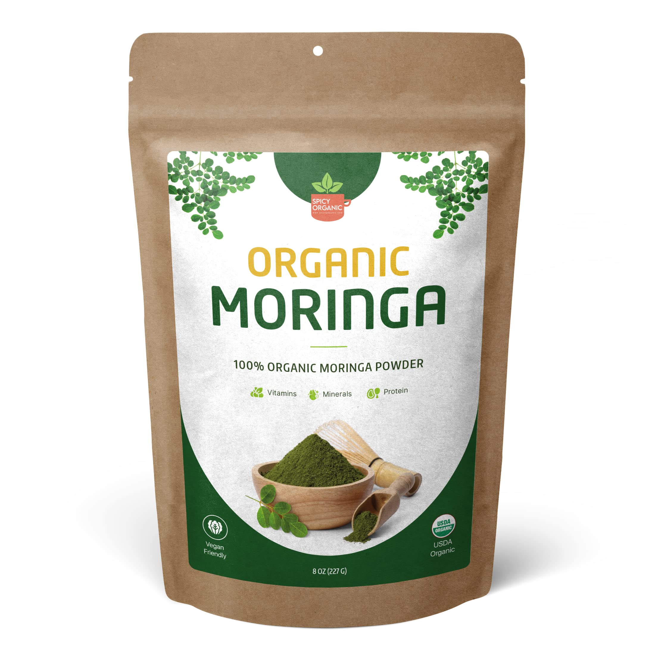 SPICY ORGANIC Green Moringa Superfood Powder 8 oz. - 100% Pure Moringa Oleifera Leaf Powder for Tea and Hair Nutrient-Rich Energy Booster - Certified USDA Organic Non-GMO and Raw from India