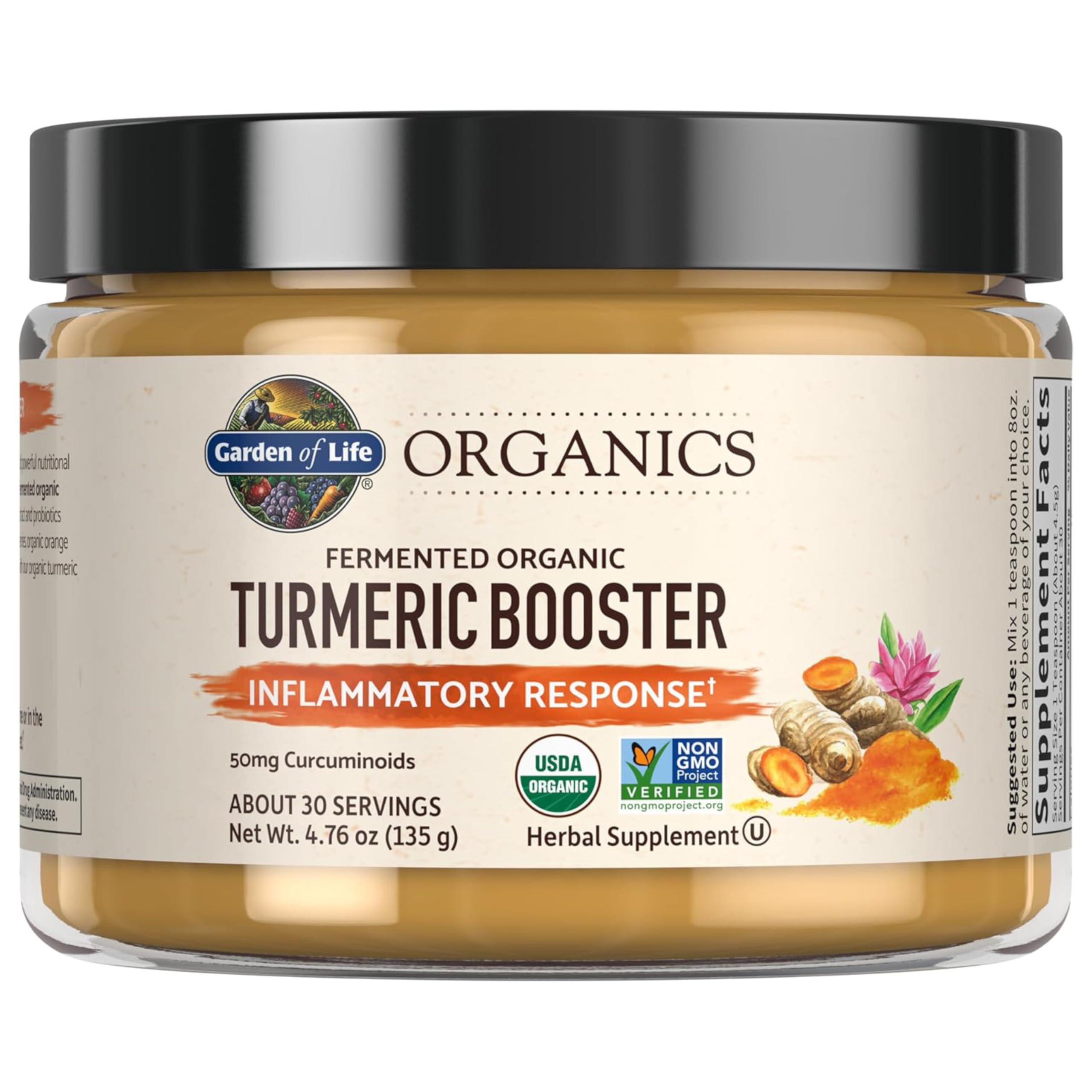 Garden of Life Organics Turmeric Booster Inflammatory Response Powder - 30 Servings 50mg Curcumin (95% Curcuminoids) & Probiotics Organic Non-GMO Vegan & Gluten Free Herbal Supplements
