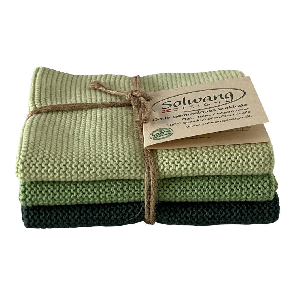 Solwang 3-Piece Danish Cotton Dishcloths in 100% Certified Organic Cotton Made in India (Dark Dusty Green Organic Combi)