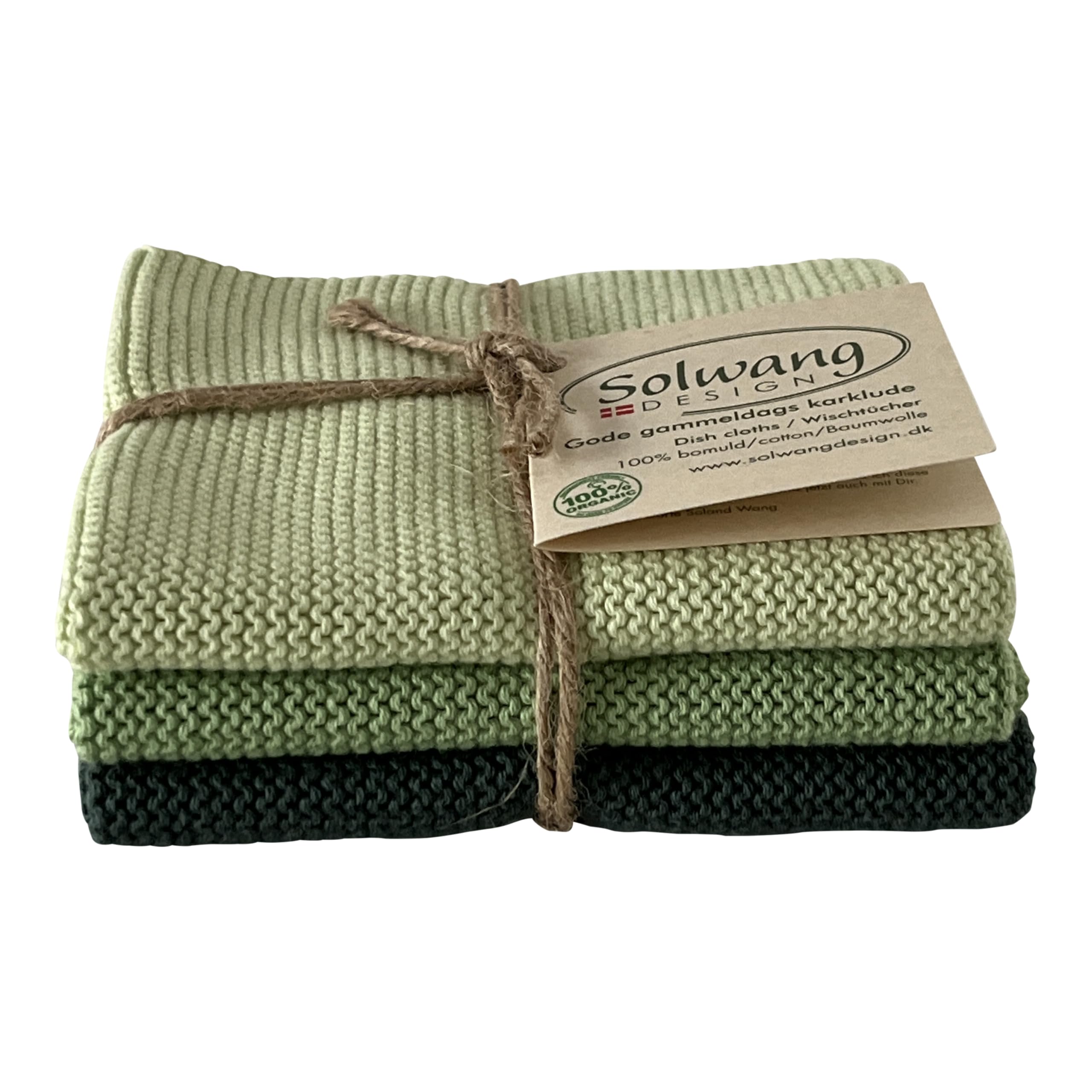 Solwang 3-Piece Danish Cotton Dishcloths in 100% Certified Organic Cotton Made in India (Dark Dusty Green Organic Combi)