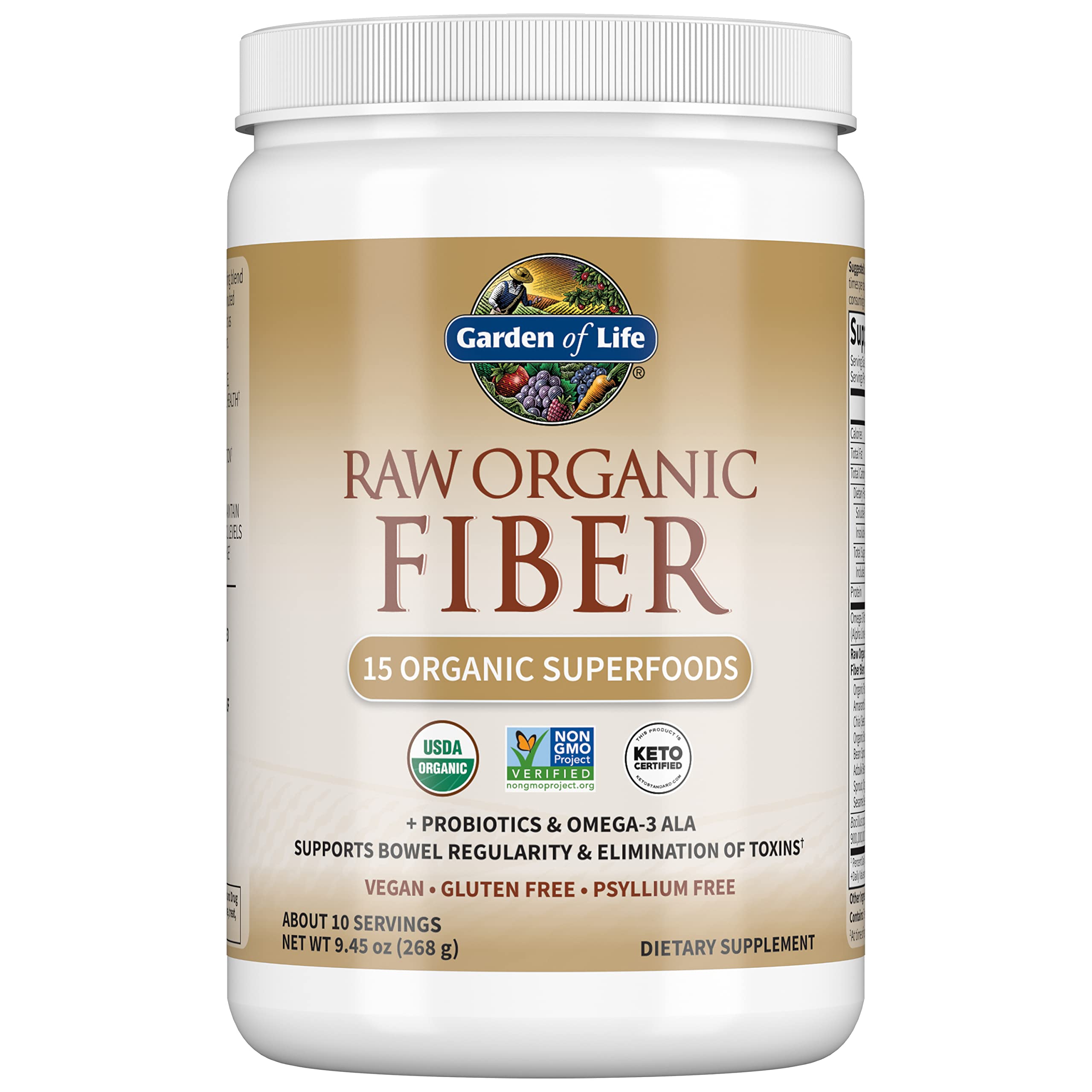 Garden of Life Fiber Supplement Raw Organic Fiber Powder - 10 Servings 15 Organic Superfoods + Probiotics & Omega-3 ALA 4g Soluble Fiber & 5g Insoluble Fiber for Regularity - Psyllium Free Fiber