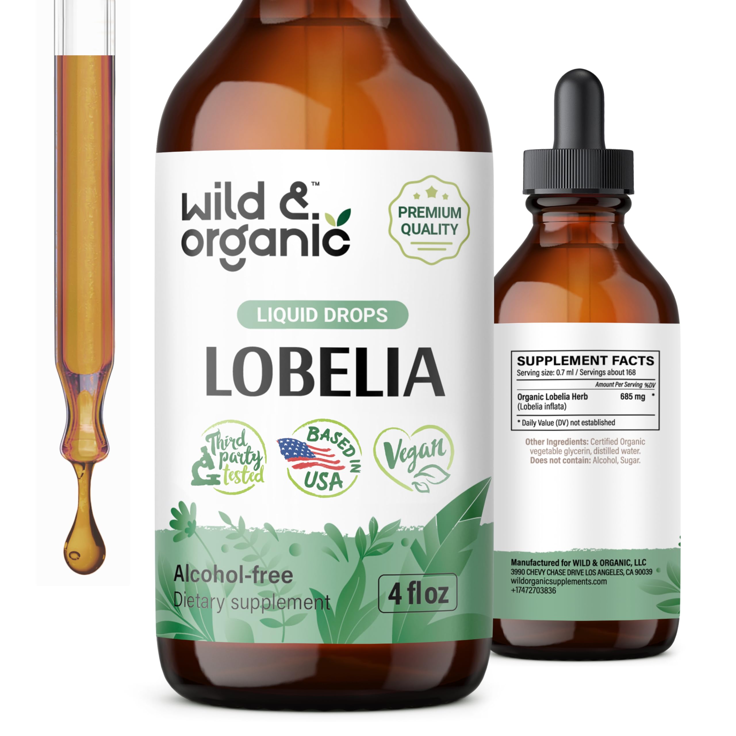 Wild & Organic Lobelia Tincture - Lung Detox and Cleanse - Liquid Lobelia Herb Supplement - Vegan Sugar & Alcohol-Free Leaf Extract Drops - 4 fl oz