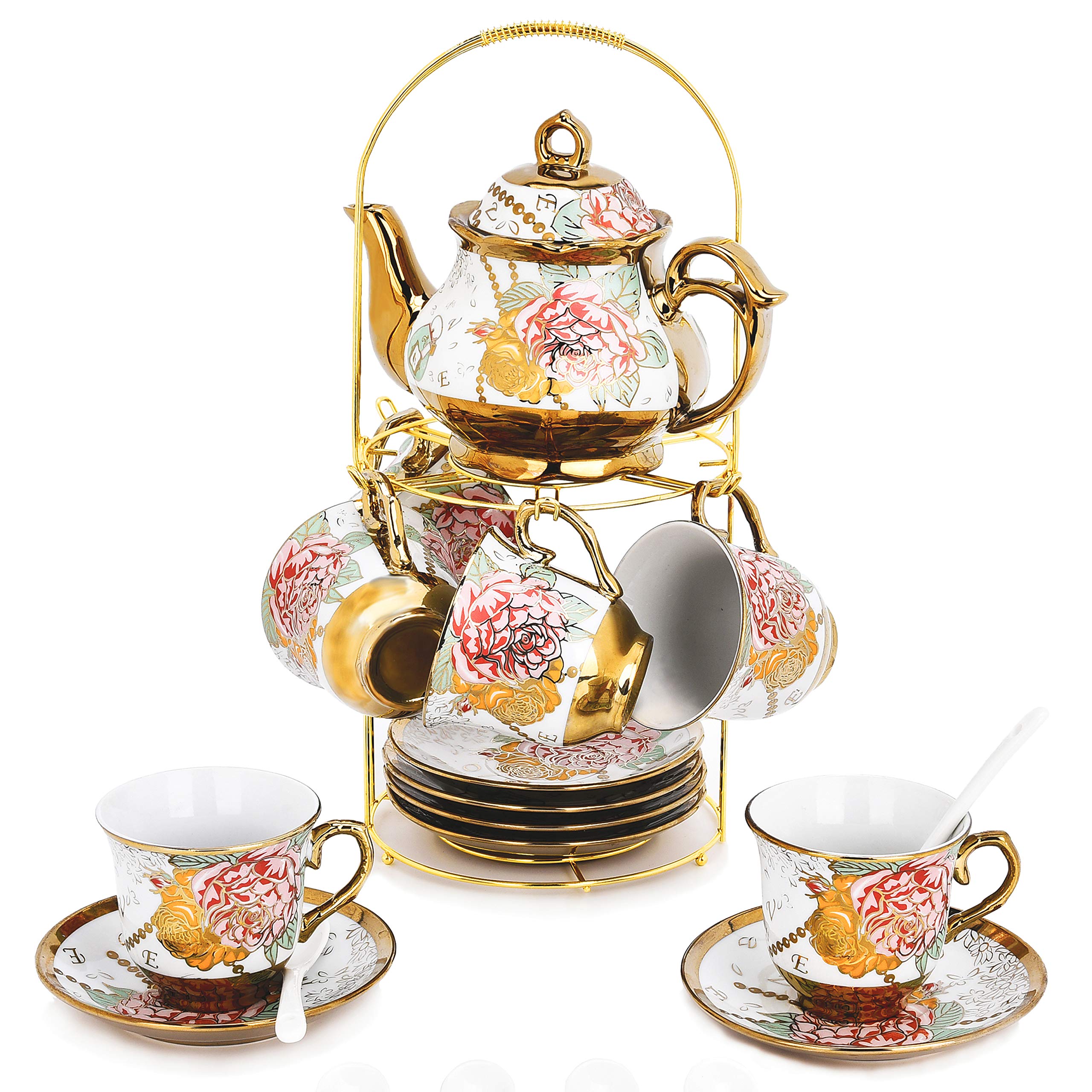 DaGiBayCn 20 Piece European Ceramic Tea Set Coffee set Porcelain Tea SetWith Metal Holderflower tea set Red Rose Painting160ML/Cup460ML/Pot (Large version).