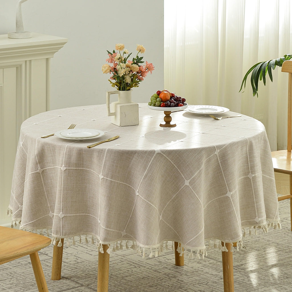 Lattice Embroidery Round Tablecloth with Tassel Heavy Duty Cotton Linen Fabric Wrinkle Resistant Table Cloth Cover for Kitchen Dining Party Decoration Round 78 Inch Beige