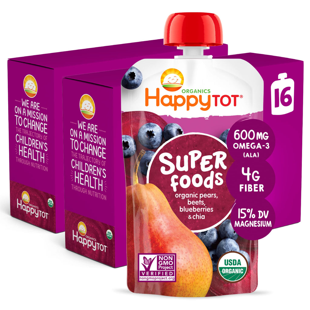 Happy Tot Organics Stage 4 Baby Food Pouches Gluten Free Vegan Snack SuperFoods Fruit & Veggie Puree Pears Blueberries Beets & Chia 4.22 Ounce (Pack of 16)