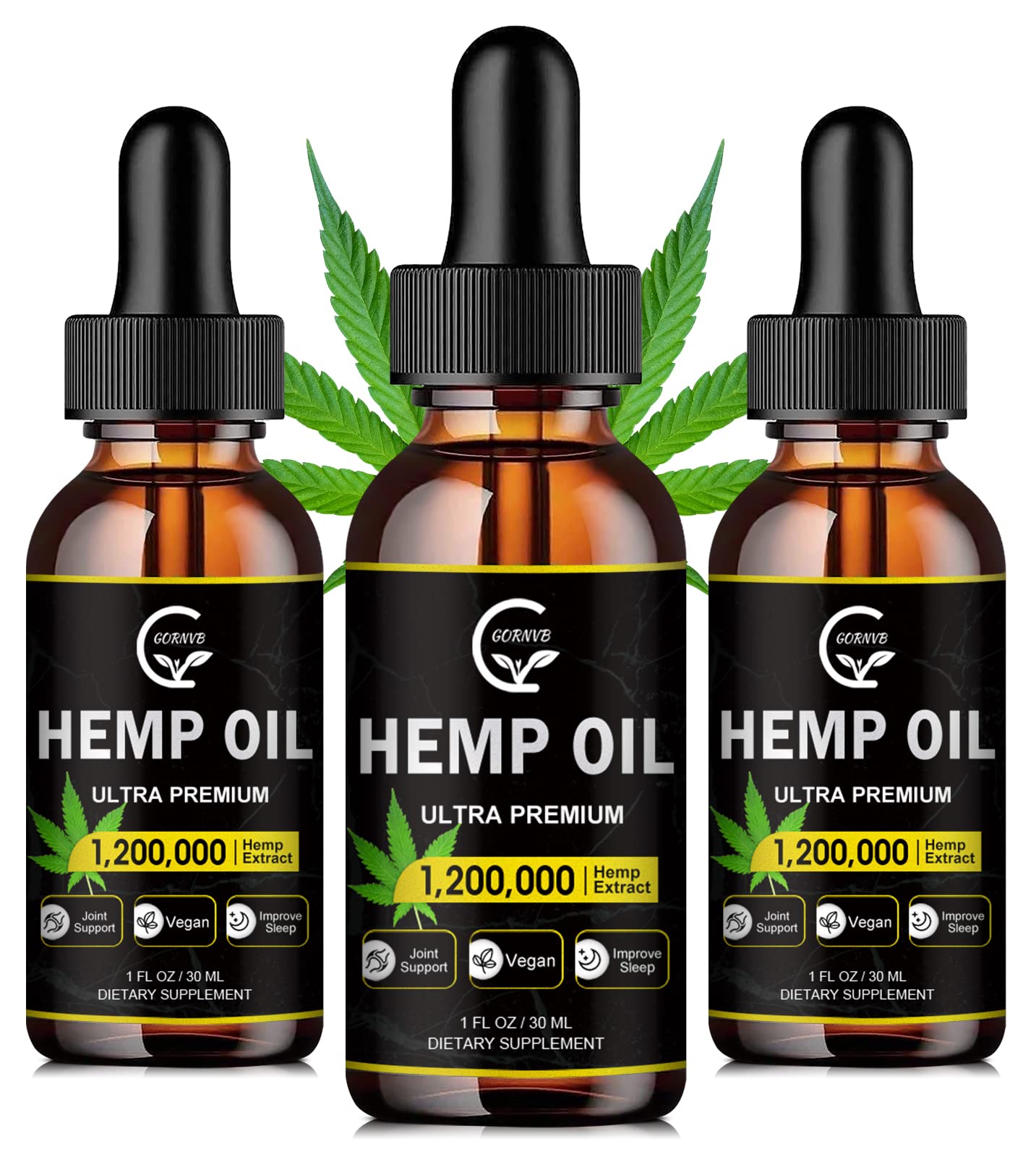 GORNVB (3-Pack) High Potency Hemp Oil - Maximum Strength Immune System Support Focus Calm Relaxation Mood Pure Extract Organic Vegan Non-GMO